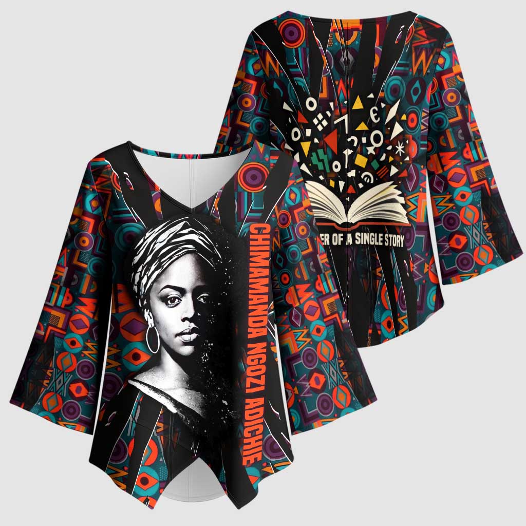 Chimamanda Ngozi Adichie Kimono Sleeve Blouse with Monochrome Portrait, The Danger of a Single Story Quote - Wonder Print Shop