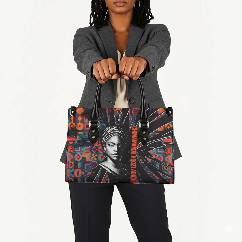 Chimamanda Ngozi Adichie Leather Bag with Monochrome Portrait, The Danger of a Single Story Quote - Wonder Print Shop