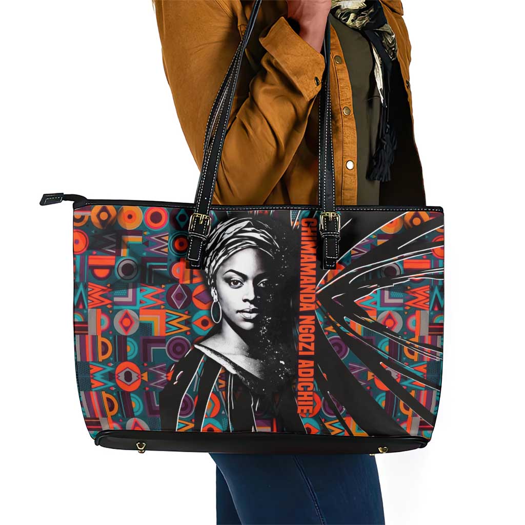 Chimamanda Ngozi Adichie Leather Tote Bag with Monochrome Portrait, The Danger of a Single Story Quote - Wonder Print Shop