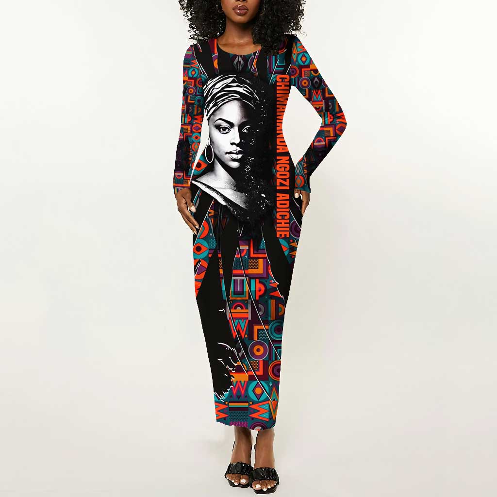 Chimamanda Ngozi Adichie Long Sleeve Bodycon Dress with Monochrome Portrait, The Danger of a Single Story Quote - Wonder Print Shop