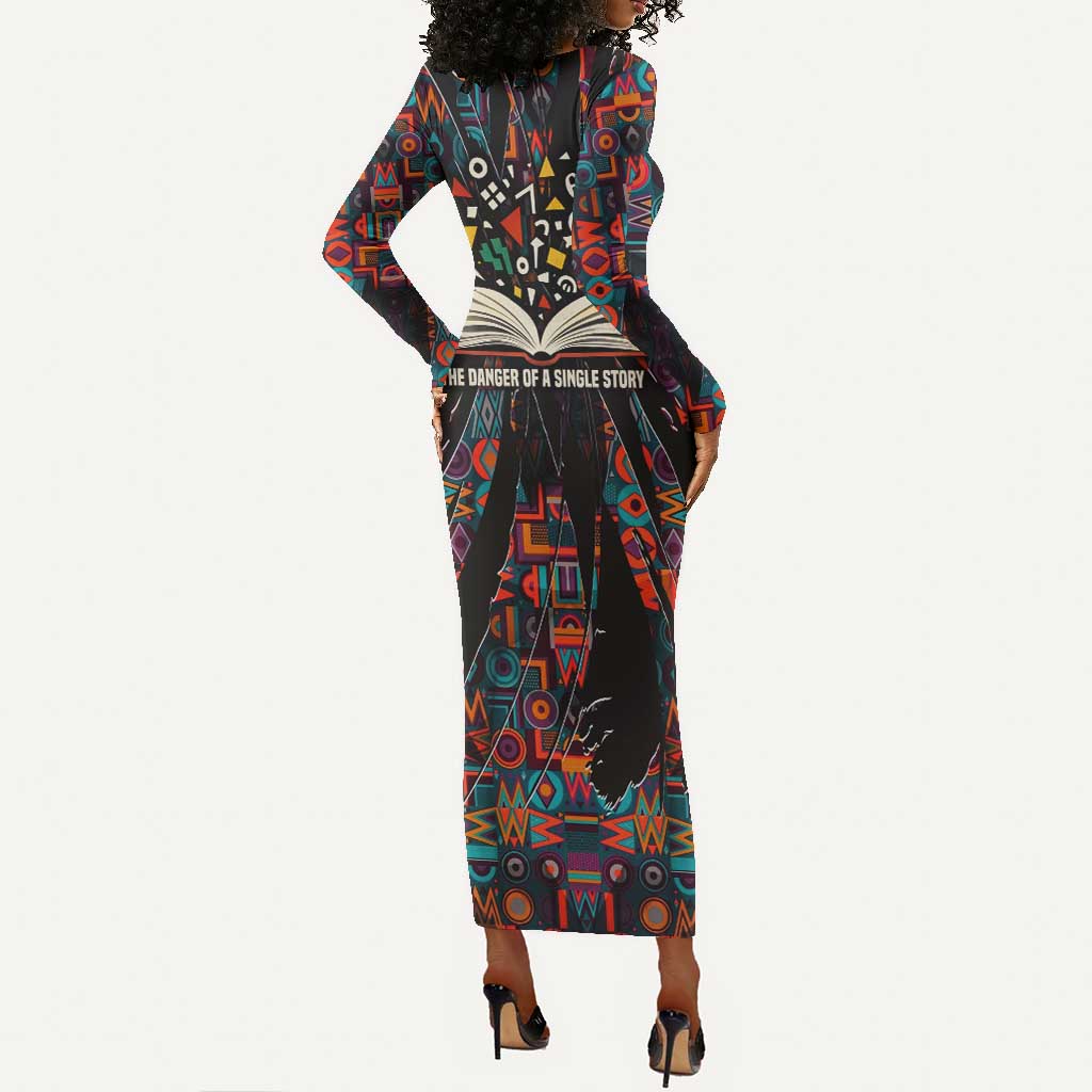 Chimamanda Ngozi Adichie Long Sleeve Bodycon Dress with Monochrome Portrait, The Danger of a Single Story Quote - Wonder Print Shop