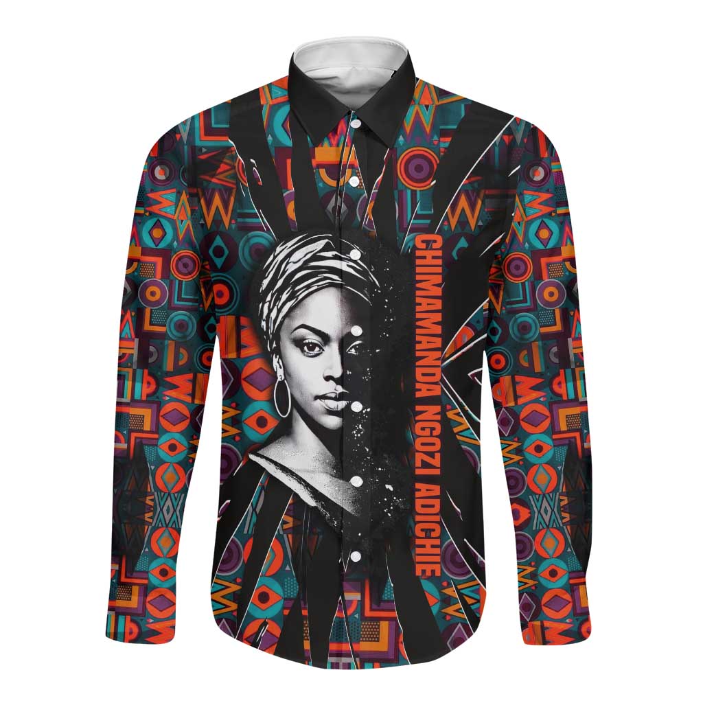 Chimamanda Ngozi Adichie Long Sleeve Button Shirt with Monochrome Portrait, The Danger of a Single Story Quote - Wonder Print Shop