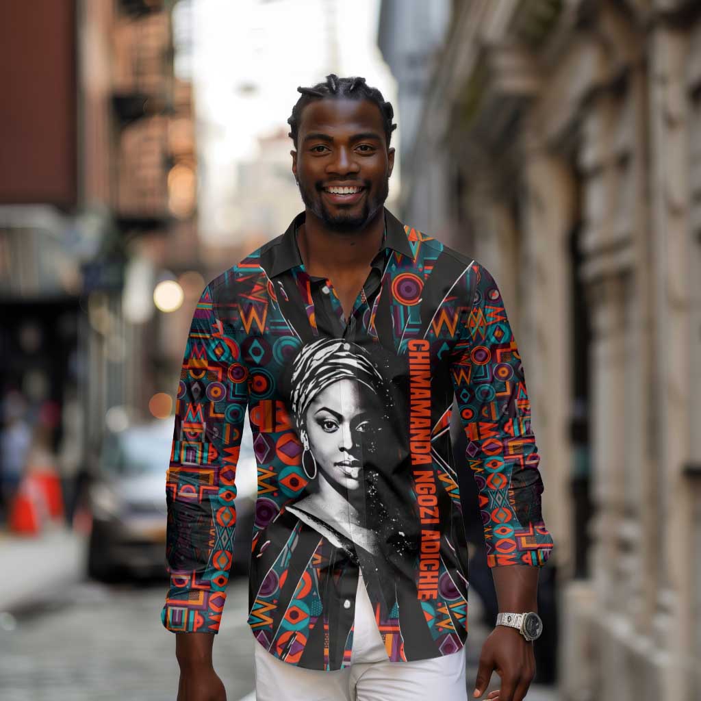 Chimamanda Ngozi Adichie Long Sleeve Button Shirt with Monochrome Portrait, The Danger of a Single Story Quote - Wonder Print Shop