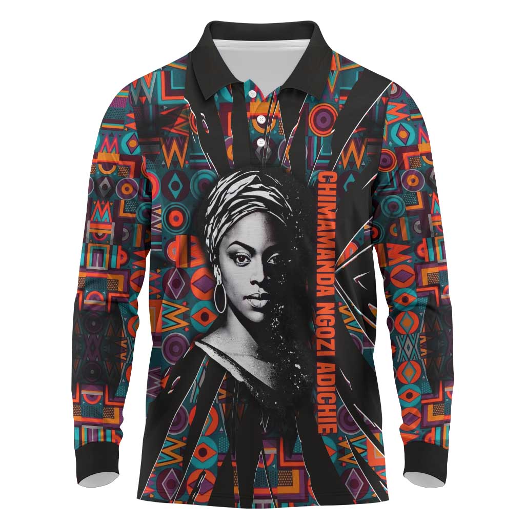 Chimamanda Ngozi Adichie Long Sleeve Polo Shirt with Monochrome Portrait, The Danger of a Single Story Quote - Wonder Print Shop