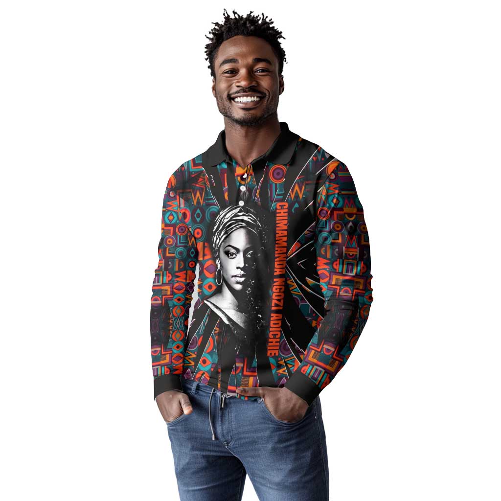 Chimamanda Ngozi Adichie Long Sleeve Polo Shirt with Monochrome Portrait, The Danger of a Single Story Quote - Wonder Print Shop