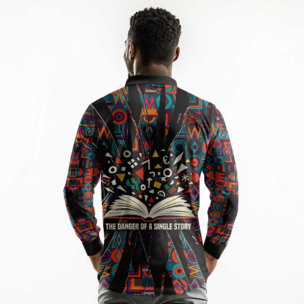 Chimamanda Ngozi Adichie Long Sleeve Polo Shirt with Monochrome Portrait, The Danger of a Single Story Quote - Wonder Print Shop
