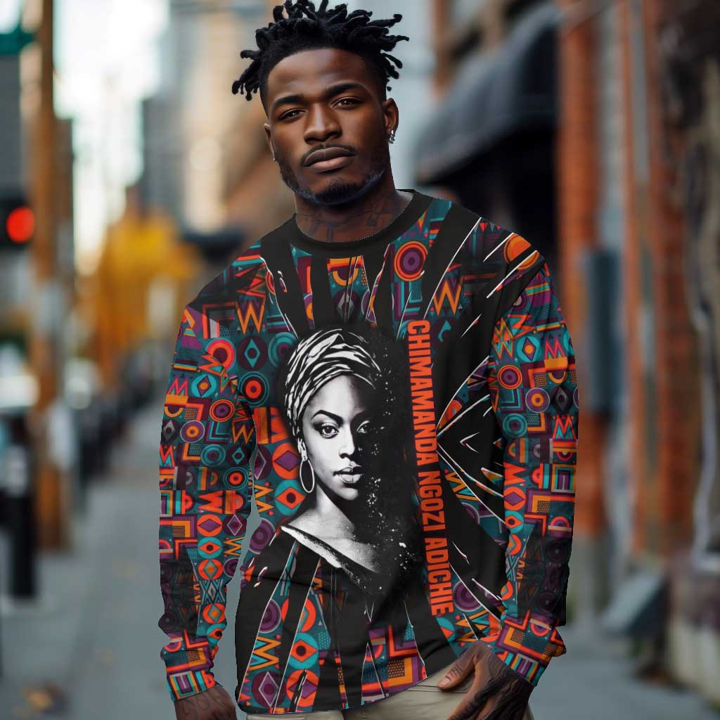 Chimamanda Ngozi Adichie Long Sleeve Shirt with Monochrome Portrait, The Danger of a Single Story Quote - Wonder Print Shop