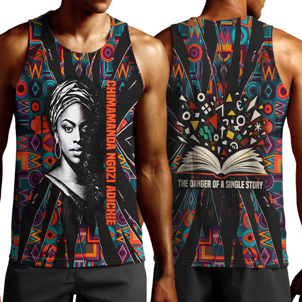 Chimamanda Ngozi Adichie Men Tank Top with Monochrome Portrait, The Danger of a Single Story Quote - Wonder Print Shop