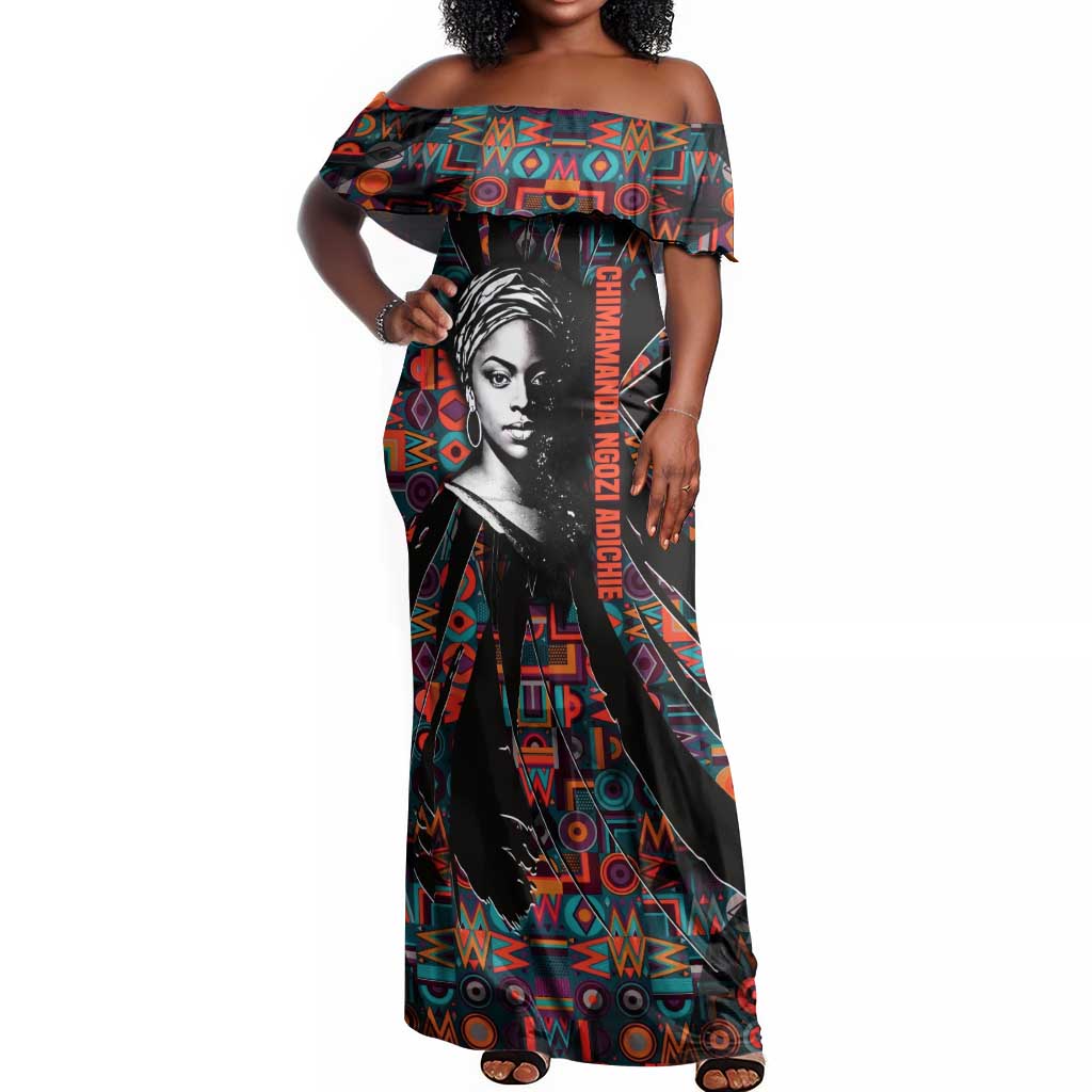 Chimamanda Ngozi Adichie Off Shoulder Maxi Dress with Monochrome Portrait, The Danger of a Single Story Quote - Wonder Print Shop