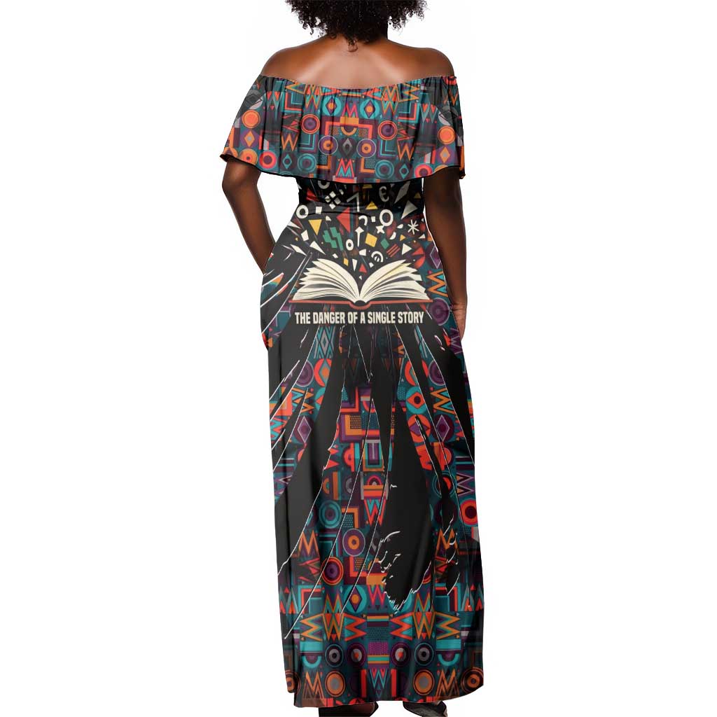 Chimamanda Ngozi Adichie Off Shoulder Maxi Dress with Monochrome Portrait, The Danger of a Single Story Quote - Wonder Print Shop