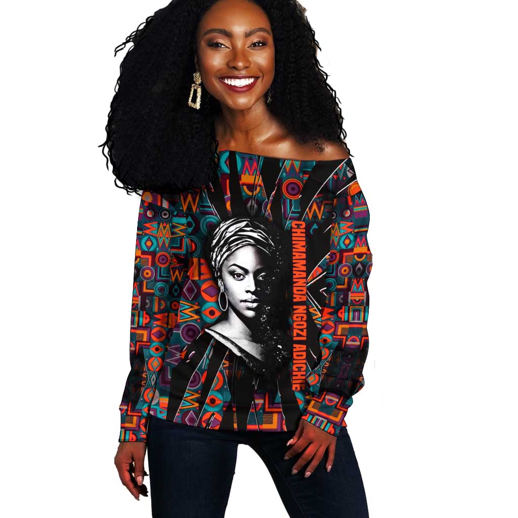 Chimamanda Ngozi Adichie Off Shoulder Sweater with Monochrome Portrait, The Danger of a Single Story Quote - Wonder Print Shop