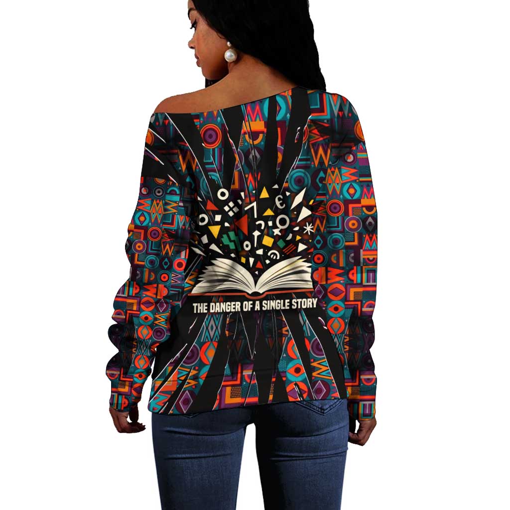 Chimamanda Ngozi Adichie Off Shoulder Sweater with Monochrome Portrait, The Danger of a Single Story Quote - Wonder Print Shop