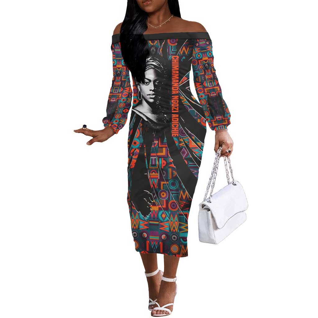 Chimamanda Ngozi Adichie Off The Shoulder Long Sleeve Dress with Monochrome Portrait, The Danger of a Single Story Quote - Wonder Print Shop