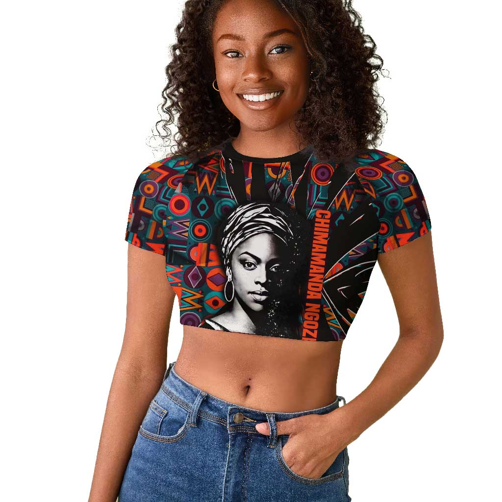 Chimamanda Ngozi Adichie Raglan Cropped T shirt with Monochrome Portrait, The Danger of a Single Story Quote - Wonder Print Shop