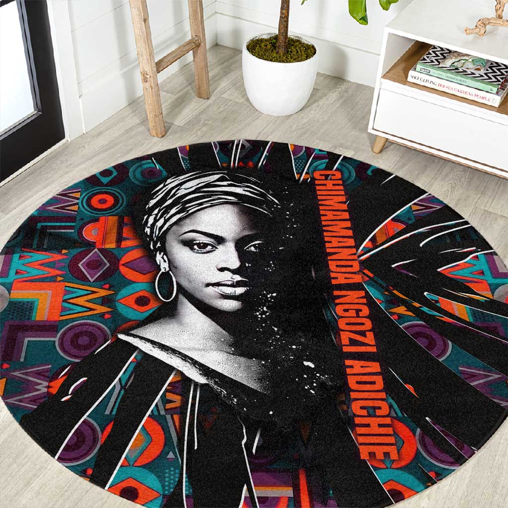 Chimamanda Ngozi Adichie Round Carpet with Monochrome Portrait, The Danger of a Single Story Quote - Wonder Print Shop