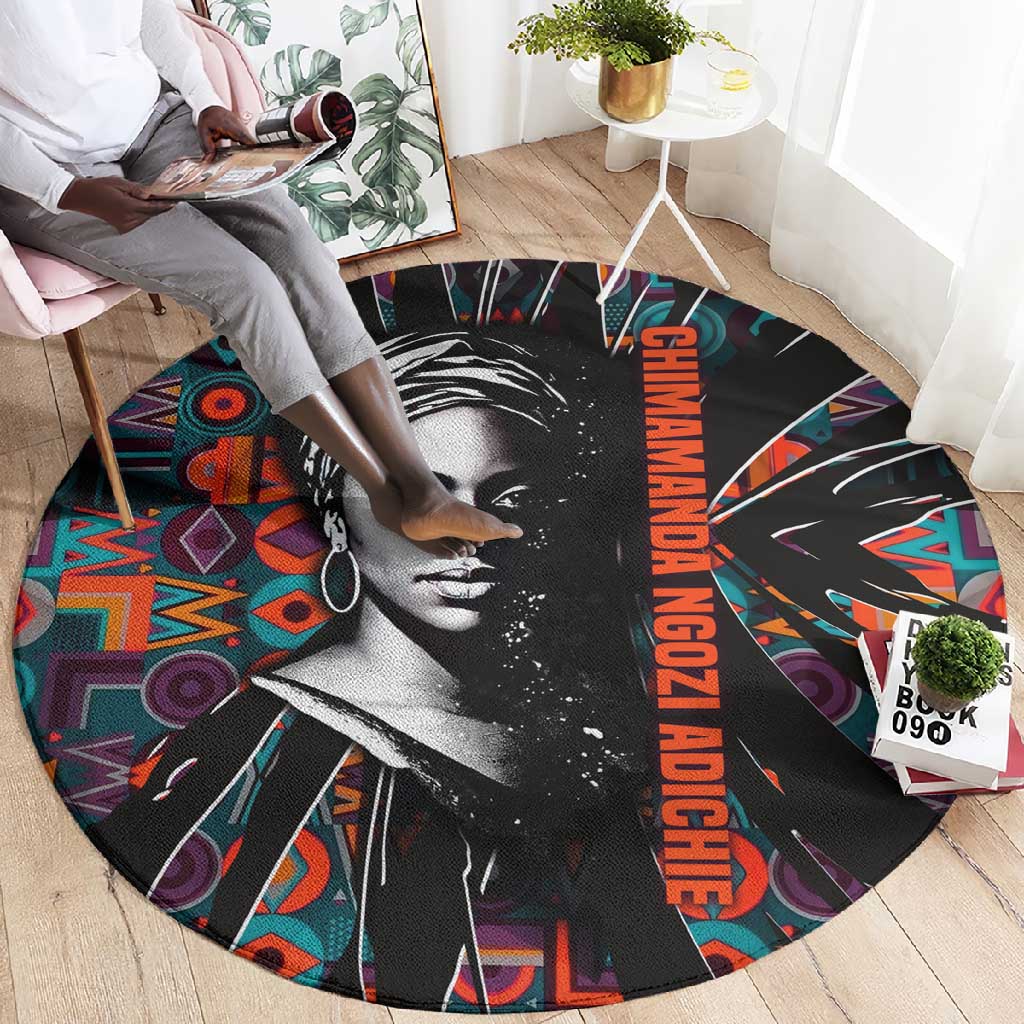 Chimamanda Ngozi Adichie Round Carpet with Monochrome Portrait, The Danger of a Single Story Quote - Wonder Print Shop