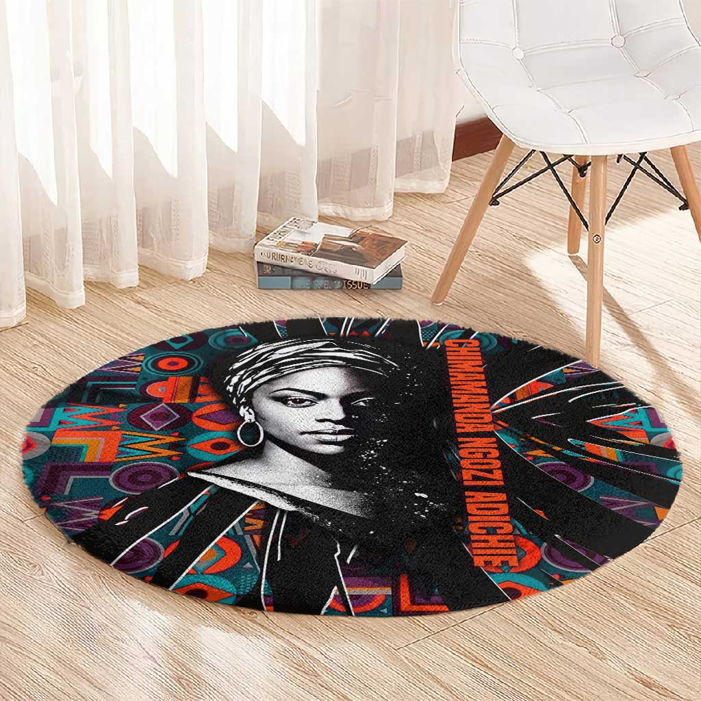Chimamanda Ngozi Adichie Round Carpet with Monochrome Portrait, The Danger of a Single Story Quote - Wonder Print Shop