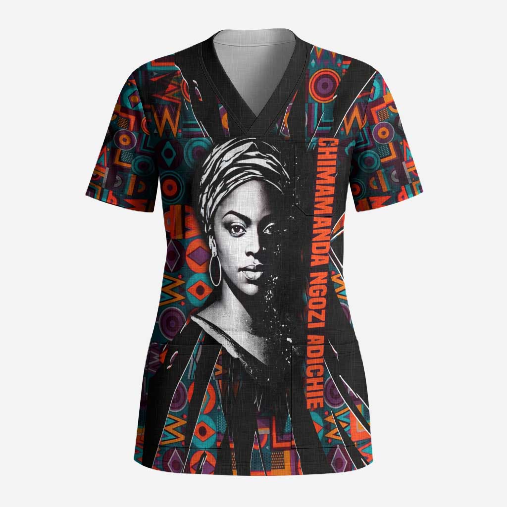 Chimamanda Ngozi Adichie Scrub Top with Monochrome Portrait, The Danger of a Single Story Quote - Wonder Print Shop