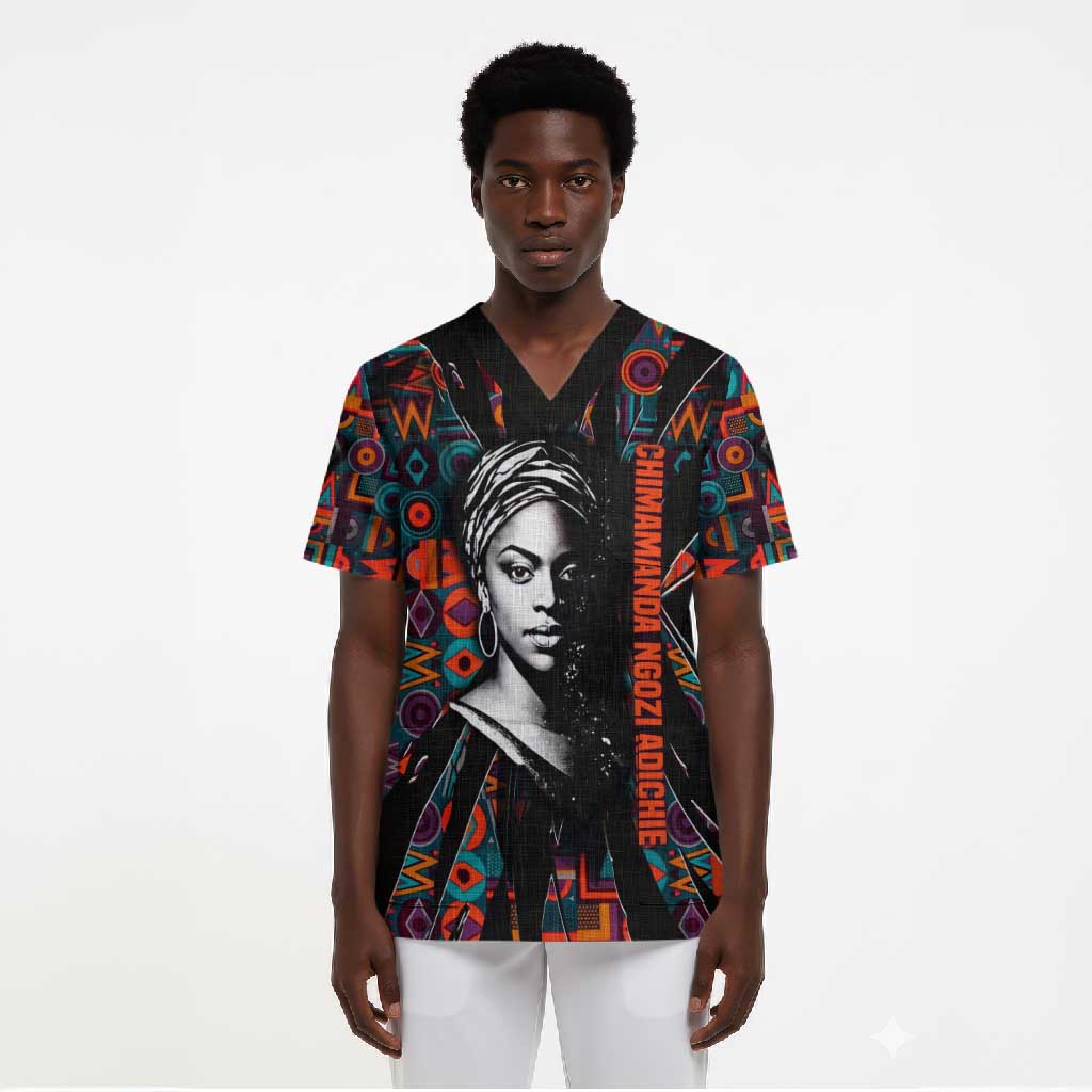 Chimamanda Ngozi Adichie Scrub Top with Monochrome Portrait, The Danger of a Single Story Quote - Wonder Print Shop