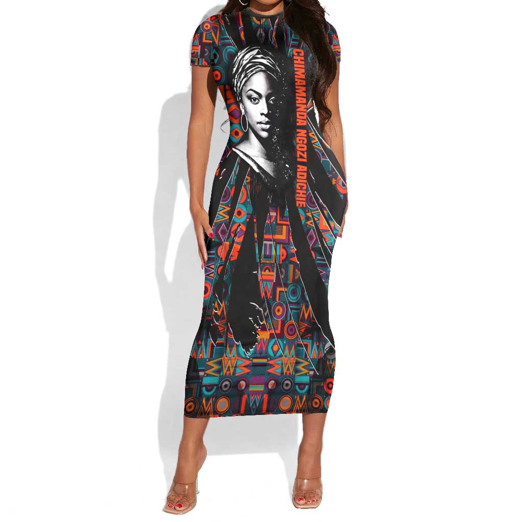 Chimamanda Ngozi Adichie Short Sleeve Bodycon Dress with Monochrome Portrait, The Danger of a Single Story Quote - Wonder Print Shop