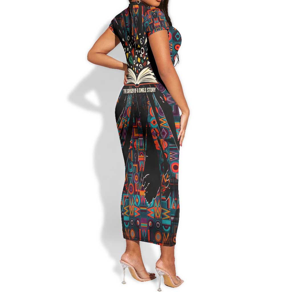 Chimamanda Ngozi Adichie Short Sleeve Bodycon Dress with Monochrome Portrait, The Danger of a Single Story Quote - Wonder Print Shop
