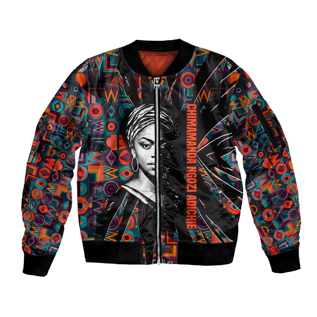 Chimamanda Ngozi Adichie Sleeve Zip Bomber Jacket with Monochrome Portrait, The Danger of a Single Story Quote - Wonder Print Shop