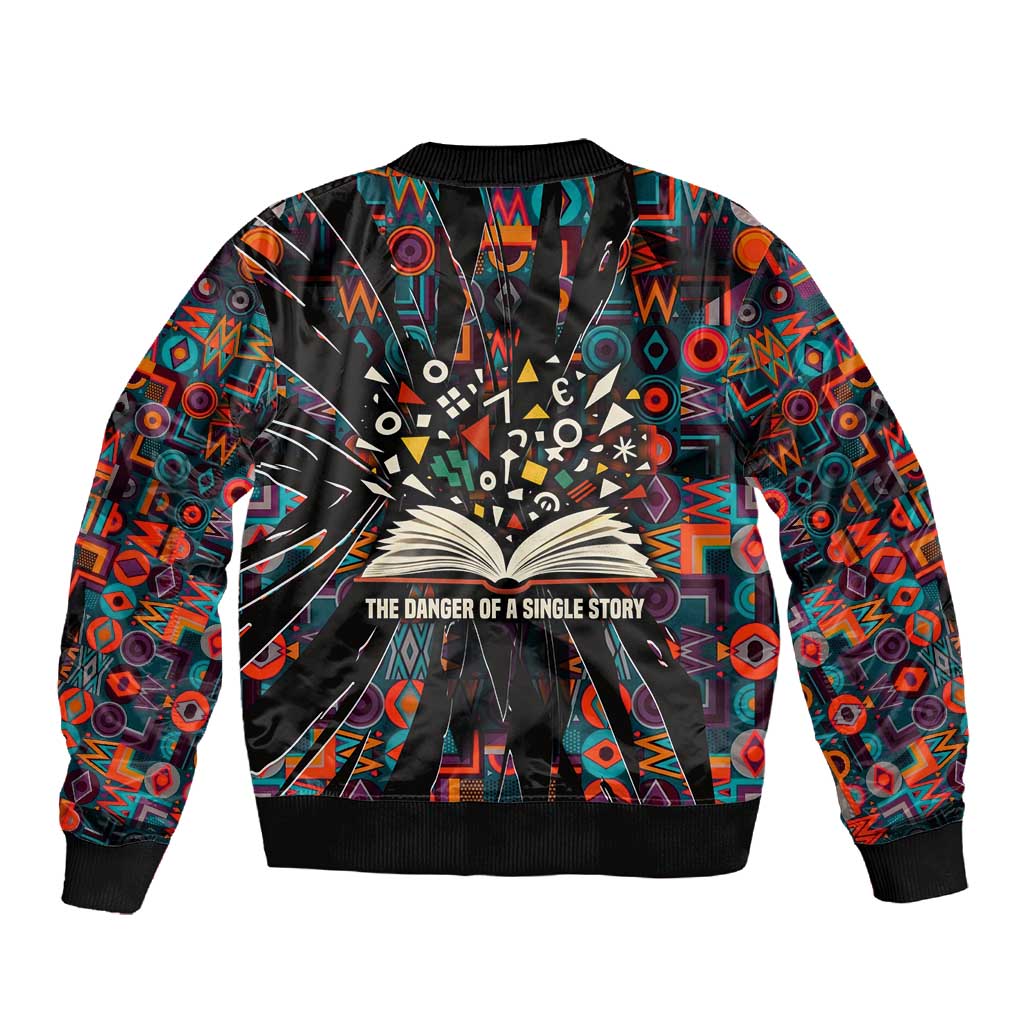 Chimamanda Ngozi Adichie Sleeve Zip Bomber Jacket with Monochrome Portrait, The Danger of a Single Story Quote - Wonder Print Shop