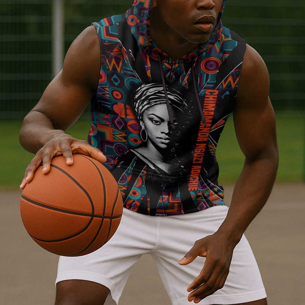 Chimamanda Ngozi Adichie Sleeveless Hoodie with Monochrome Portrait, The Danger of a Single Story Quote - Wonder Print Shop