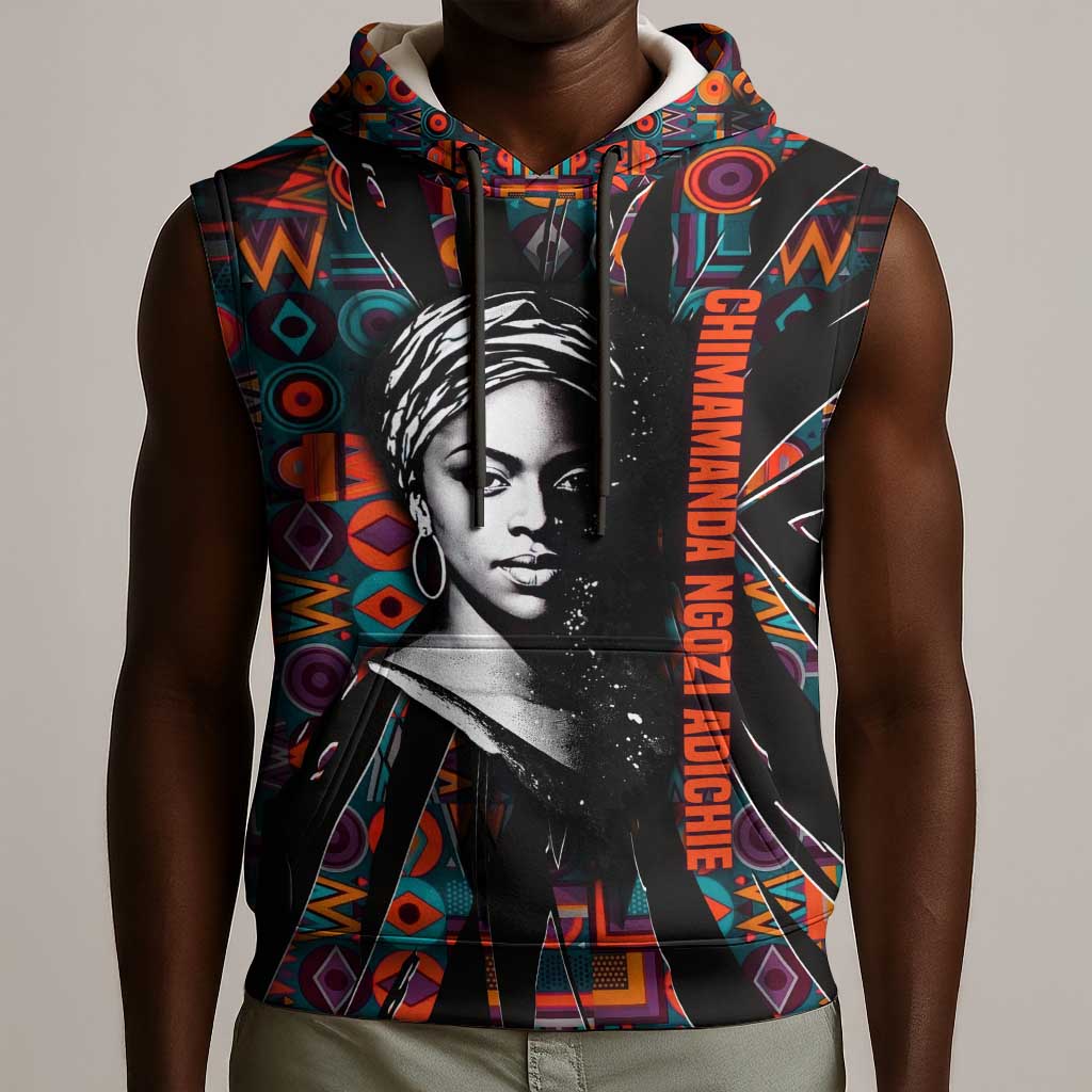 Chimamanda Ngozi Adichie Sleeveless Hoodie with Monochrome Portrait, The Danger of a Single Story Quote - Wonder Print Shop