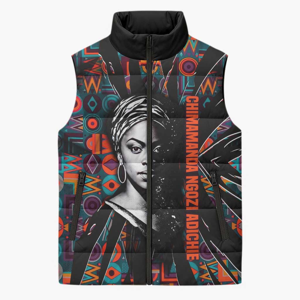 Chimamanda Ngozi Adichie Sleeveless Puffer Jacket with Monochrome Portrait, The Danger of a Single Story Quote - Wonder Print Shop
