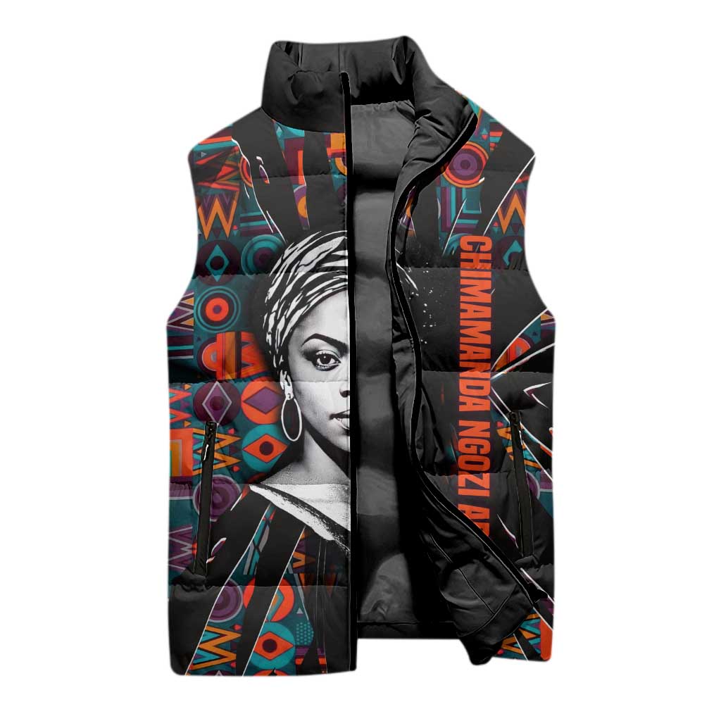 Chimamanda Ngozi Adichie Sleeveless Puffer Jacket with Monochrome Portrait, The Danger of a Single Story Quote - Wonder Print Shop