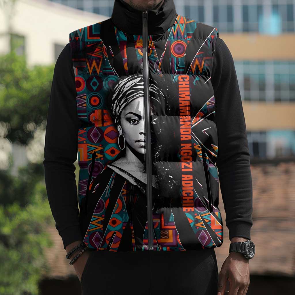 Chimamanda Ngozi Adichie Sleeveless Puffer Jacket with Monochrome Portrait, The Danger of a Single Story Quote - Wonder Print Shop