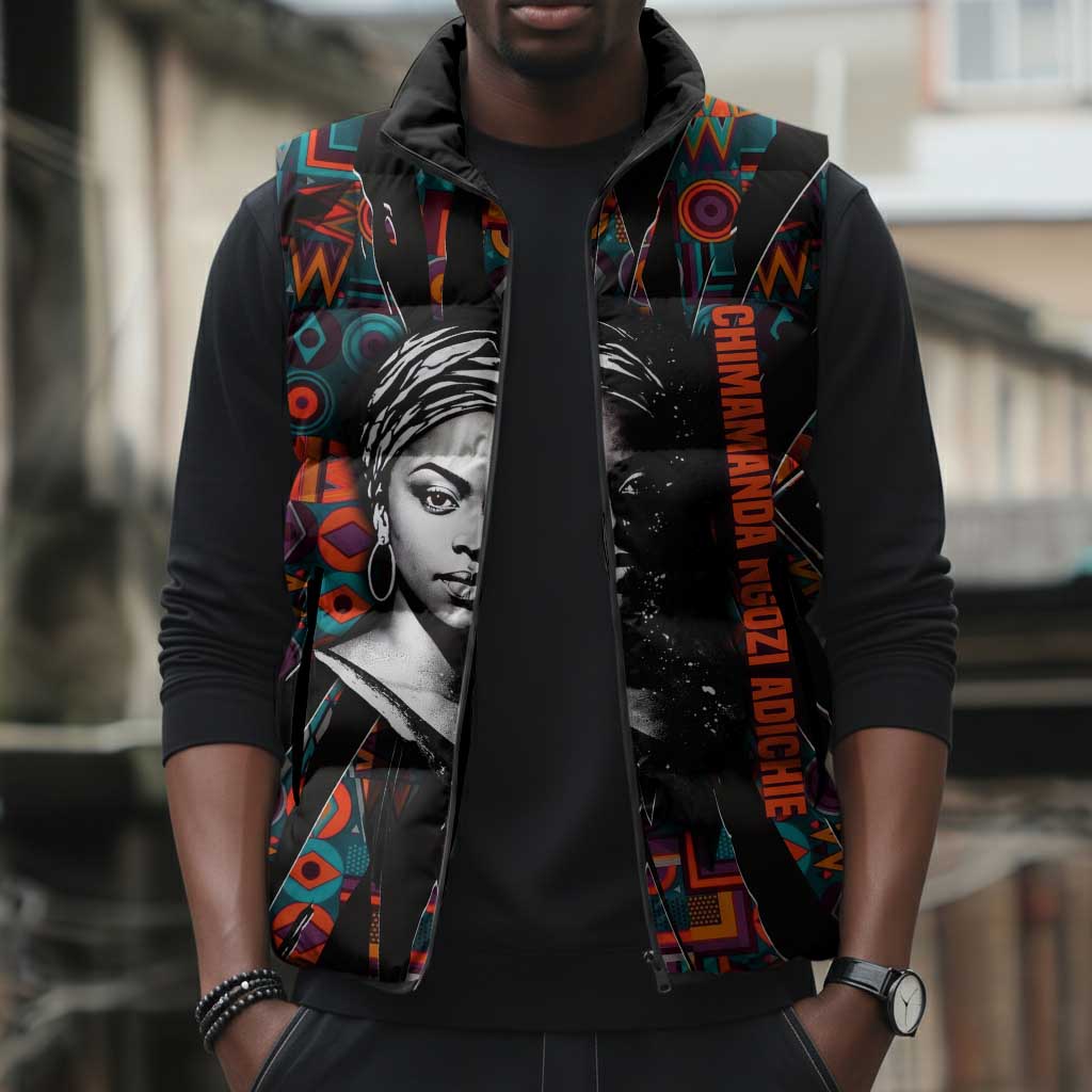 Chimamanda Ngozi Adichie Sleeveless Puffer Jacket with Monochrome Portrait, The Danger of a Single Story Quote - Wonder Print Shop