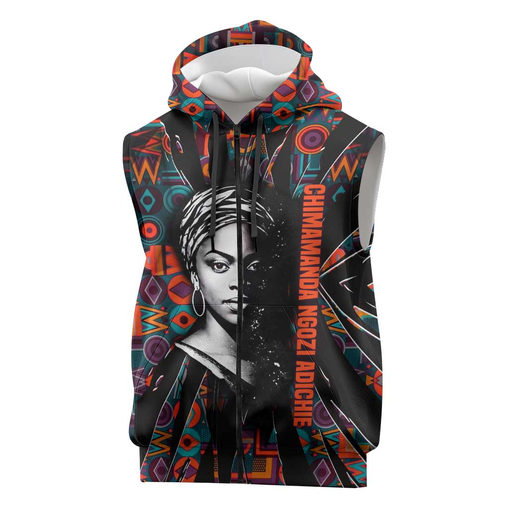 Chimamanda Ngozi Adichie Sleeveless Zip Hoodie with Monochrome Portrait, The Danger of a Single Story Quote - Wonder Print Shop