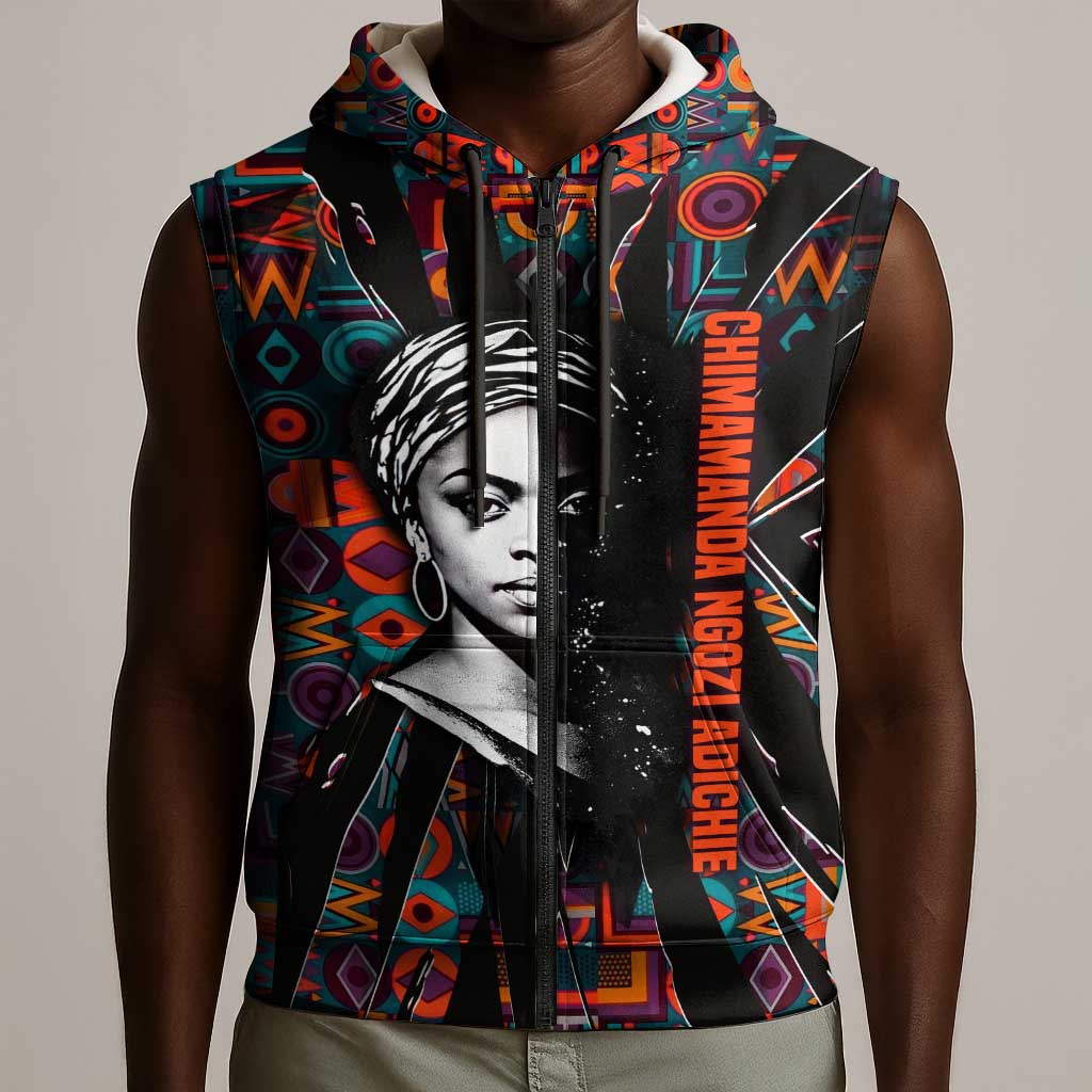 Chimamanda Ngozi Adichie Sleeveless Zip Hoodie with Monochrome Portrait, The Danger of a Single Story Quote - Wonder Print Shop