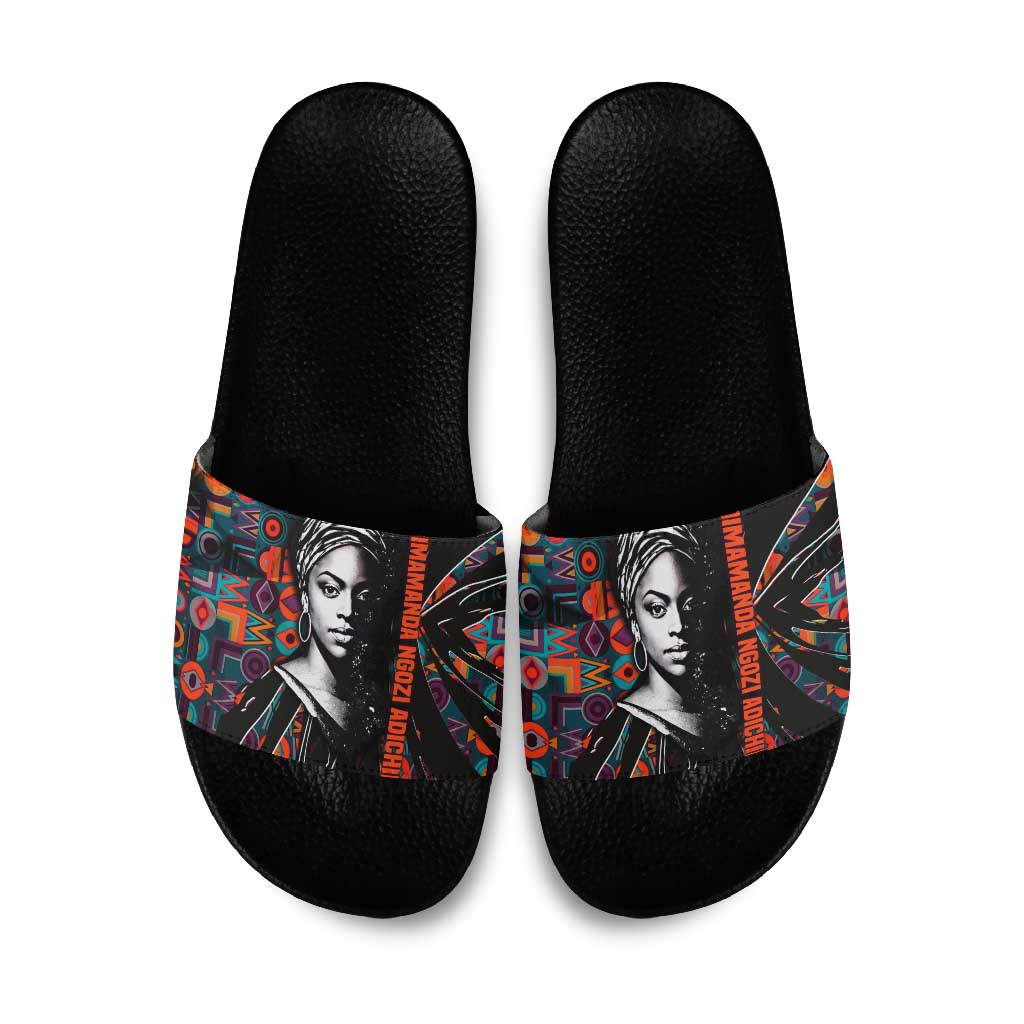 Chimamanda Ngozi Adichie Slide Sandals with Monochrome Portrait, The Danger of a Single Story Quote - Wonder Print Shop