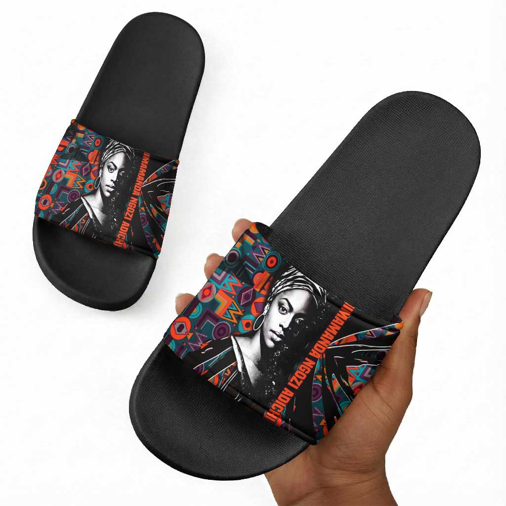 Chimamanda Ngozi Adichie Slide Sandals with Monochrome Portrait, The Danger of a Single Story Quote - Wonder Print Shop