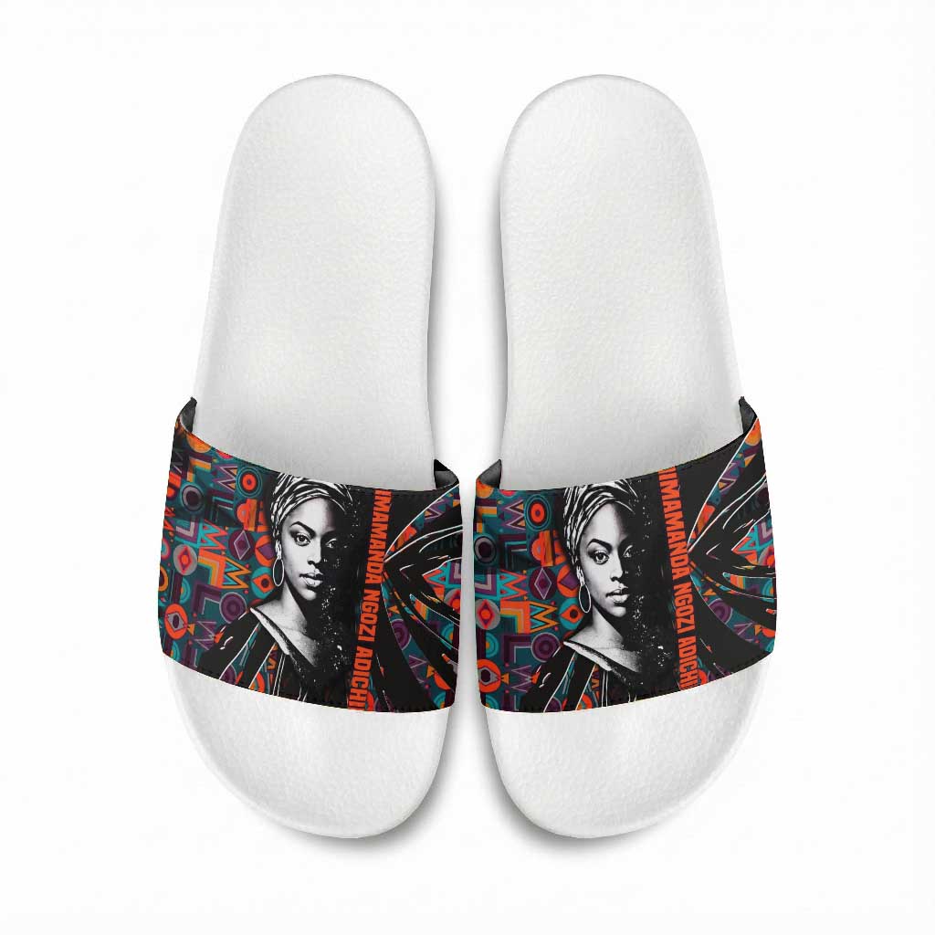 Chimamanda Ngozi Adichie Slide Sandals with Monochrome Portrait, The Danger of a Single Story Quote - Wonder Print Shop