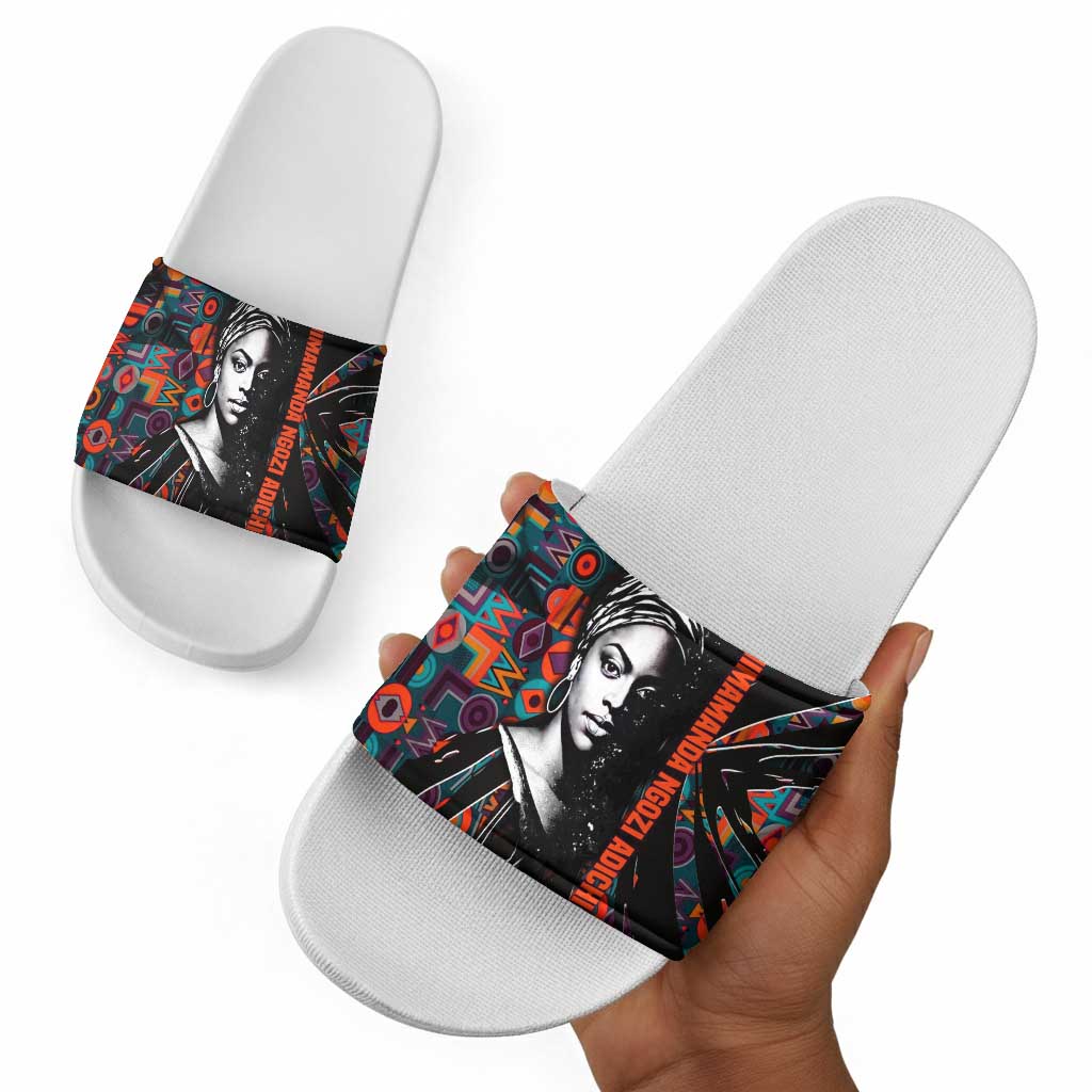 Chimamanda Ngozi Adichie Slide Sandals with Monochrome Portrait, The Danger of a Single Story Quote - Wonder Print Shop