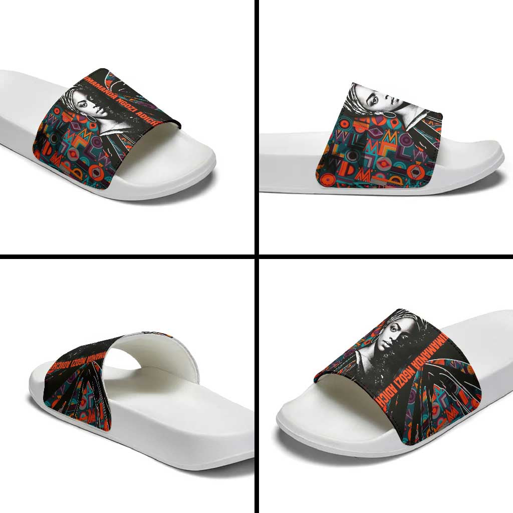Chimamanda Ngozi Adichie Slide Sandals with Monochrome Portrait, The Danger of a Single Story Quote - Wonder Print Shop