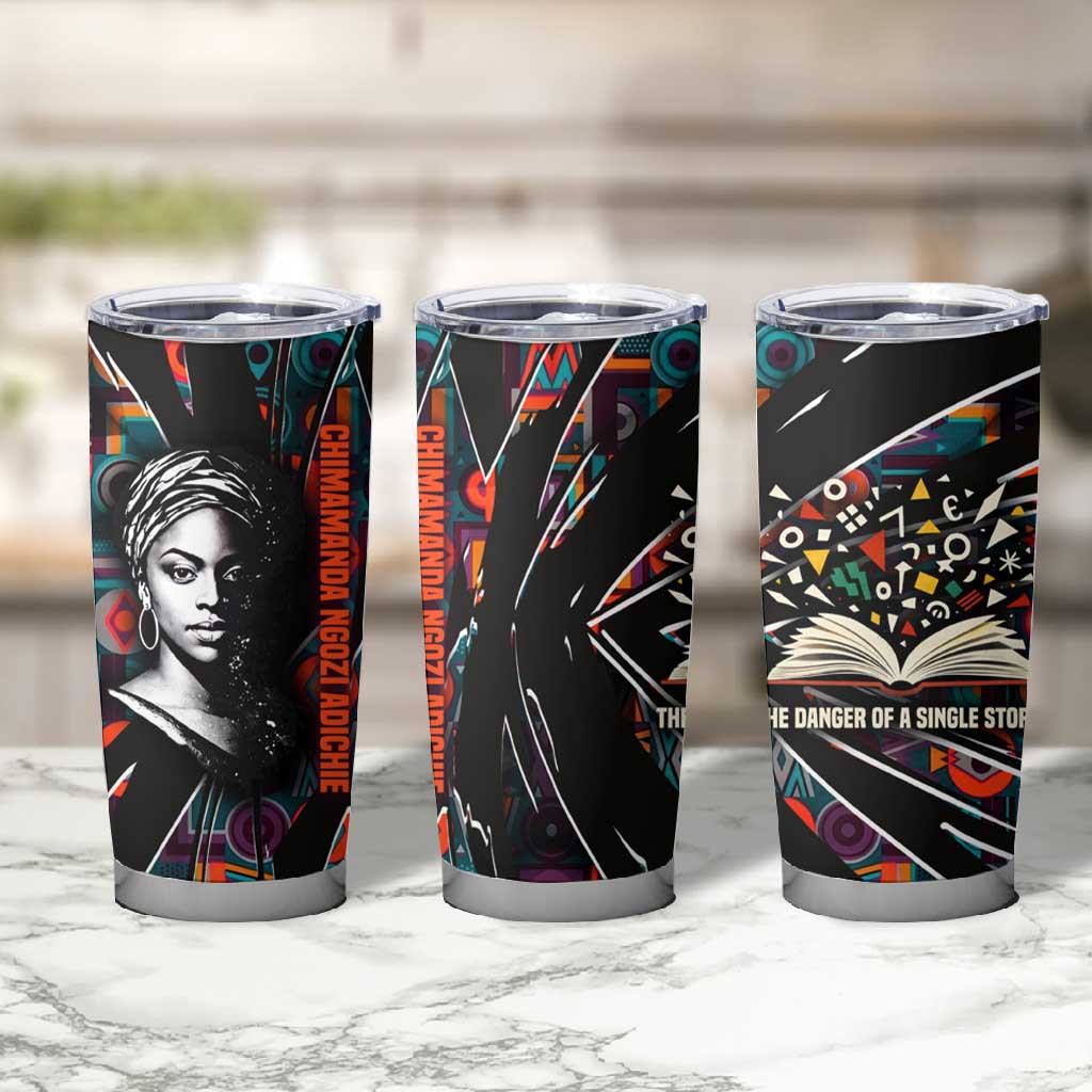Chimamanda Ngozi Adichie Tumbler Cup with Monochrome Portrait, The Danger of a Single Story Quote - Wonder Print Shop