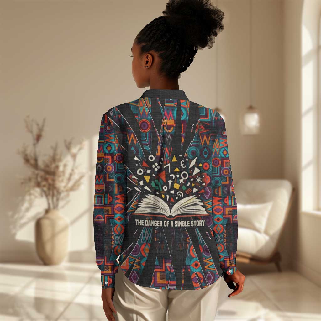 Chimamanda Ngozi Adichie Women Casual Shirt with Monochrome Portrait, The Danger of a Single Story Quote - Wonder Print Shop
