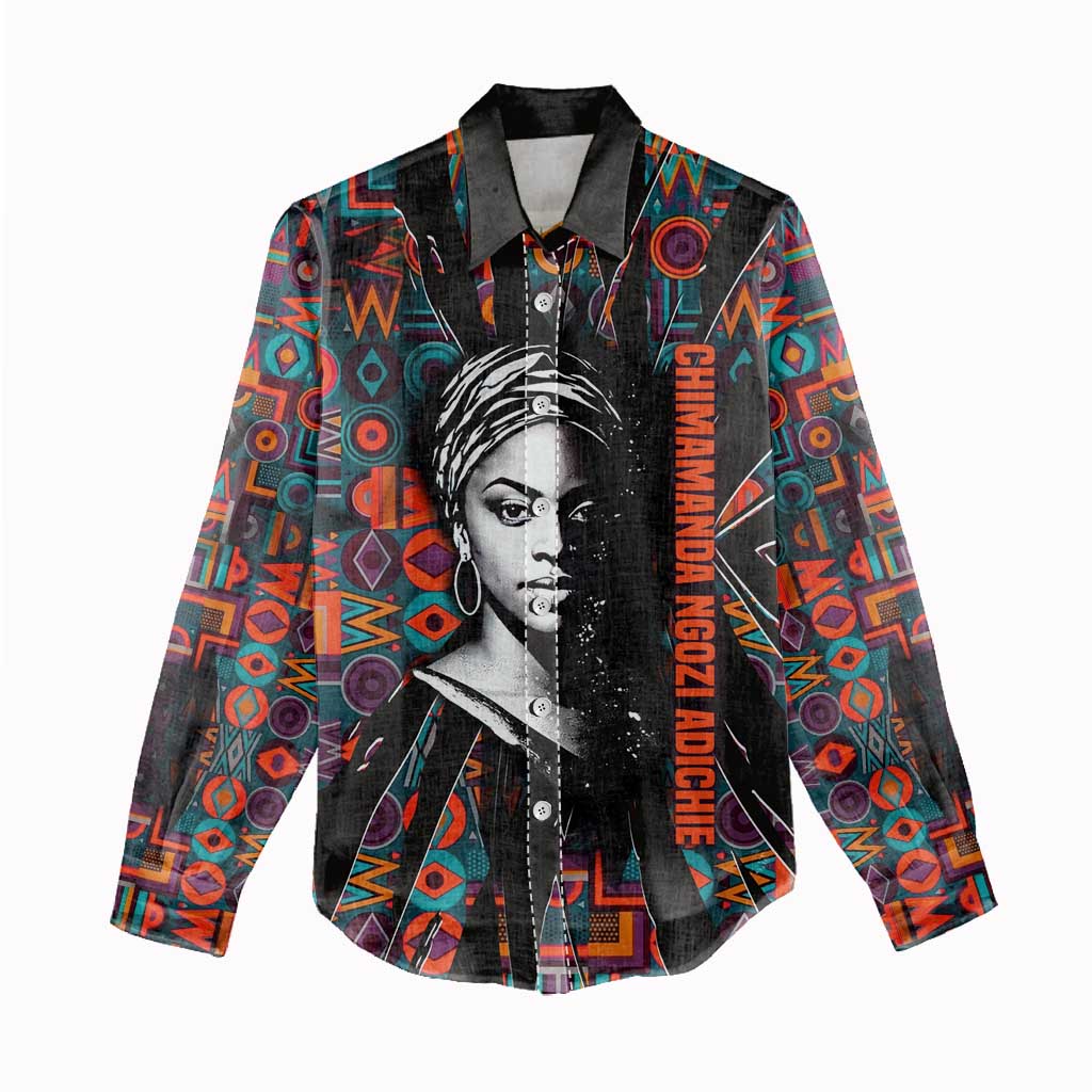 Chimamanda Ngozi Adichie Women Casual Shirt with Monochrome Portrait, The Danger of a Single Story Quote - Wonder Print Shop