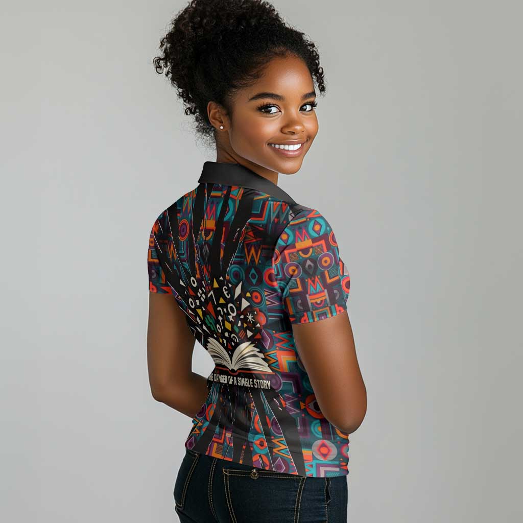 Chimamanda Ngozi Adichie Women Polo Shirt with Monochrome Portrait, The Danger of a Single Story Quote - Wonder Print Shop