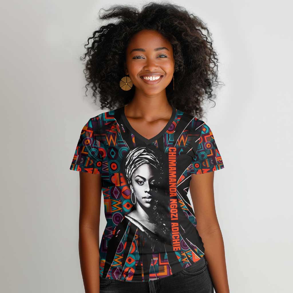 Chimamanda Ngozi Adichie Women V-Neck T-Shirt with Monochrome Portrait, The Danger of a Single Story Quote - Wonder Print Shop
