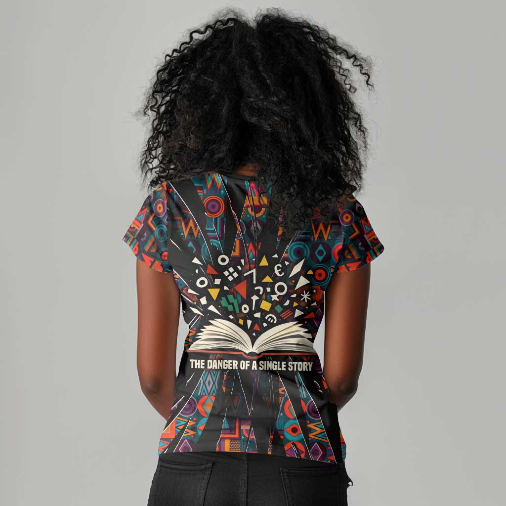 Chimamanda Ngozi Adichie Women V-Neck T-Shirt with Monochrome Portrait, The Danger of a Single Story Quote - Wonder Print Shop
