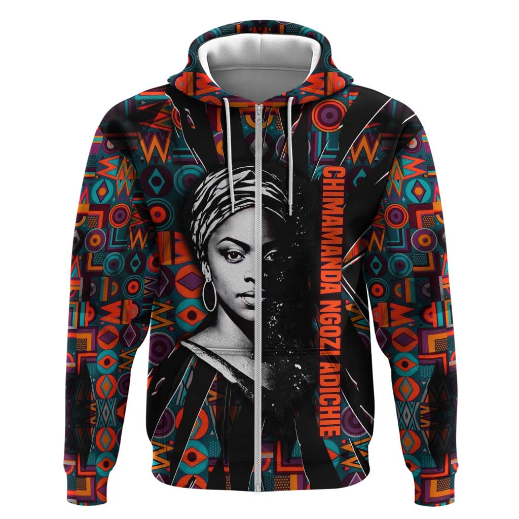 Chimamanda Ngozi Adichie Zip Hoodie with Monochrome Portrait, The Danger of a Single Story Quote - Wonder Print Shop