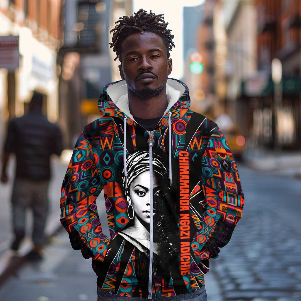 Chimamanda Ngozi Adichie Zip Hoodie with Monochrome Portrait, The Danger of a Single Story Quote - Wonder Print Shop