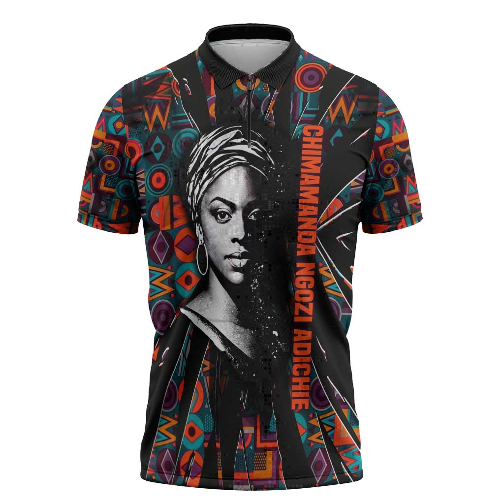 Chimamanda Ngozi Adichie Zipper Polo Shirt with Monochrome Portrait, The Danger of a Single Story Quote - Wonder Print Shop