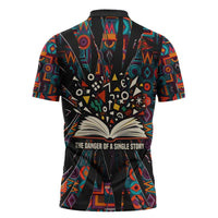 Chimamanda Ngozi Adichie Zipper Polo Shirt with Monochrome Portrait, The Danger of a Single Story Quote - Wonder Print Shop
